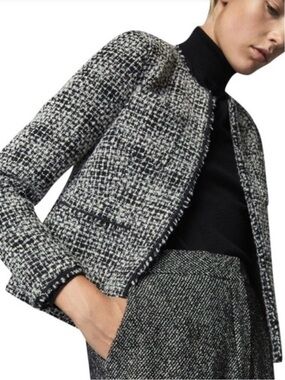 Massimo Dutti Black and White Tweed Collarless Blazer